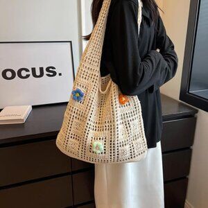 Cream Crochet Knit Tote Bag Purse w Flower Design OS New